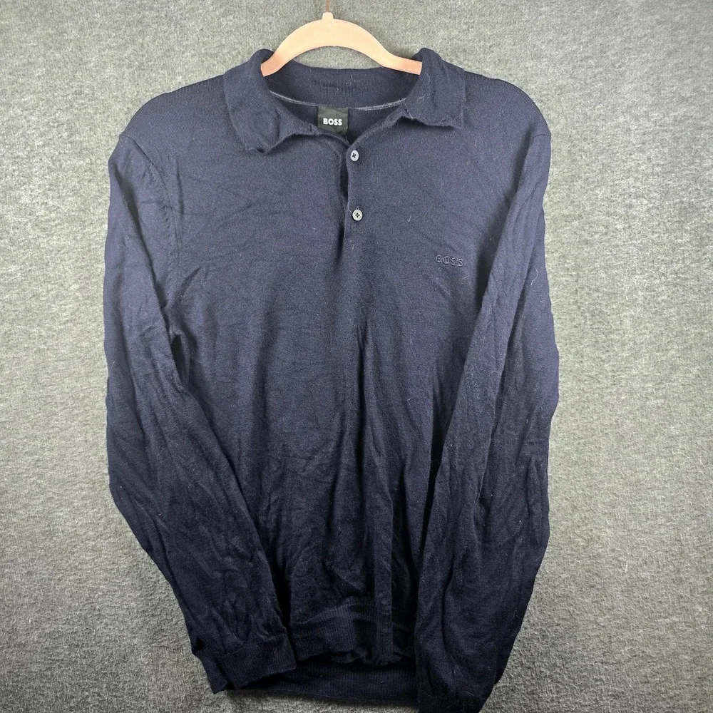 Hugo Boss Knit Polo Sweater Men L Virgin Wool Navy Blue 100%‎ Wool 50298478